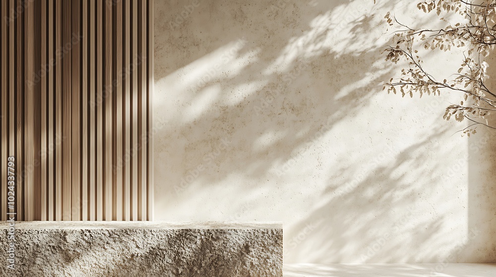 Fototapeta premium Concrete tabletop on wooden wall panels background for product presentation. Empty countertop with vertical slats. Aesthetic podium mockup in modern studio interior. 