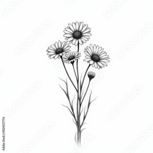 Hand Drawn Black and White Daisy Flower Bouquet Illustration
