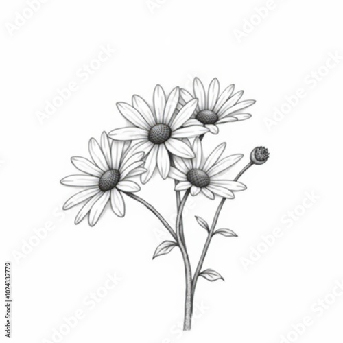 Hand Drawn Sketch of Daisies with Leaves on White Background