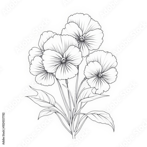 Hand Drawn Pencil Sketch of Pansies Floral Illustration Botanical Art Flower Bouquet