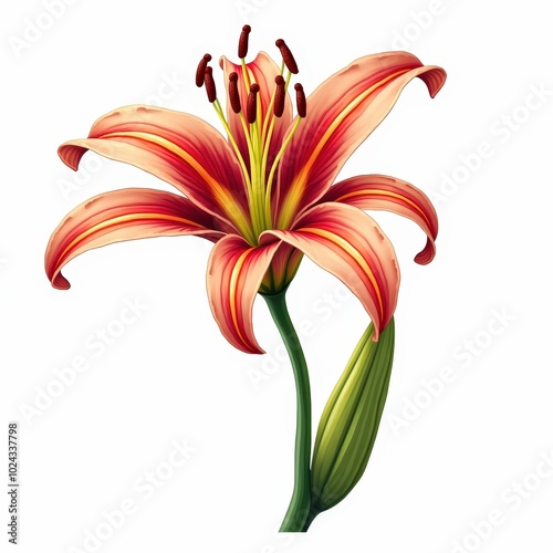 Single Red and Yellow Lily Flower with Bud Isolated on White Background