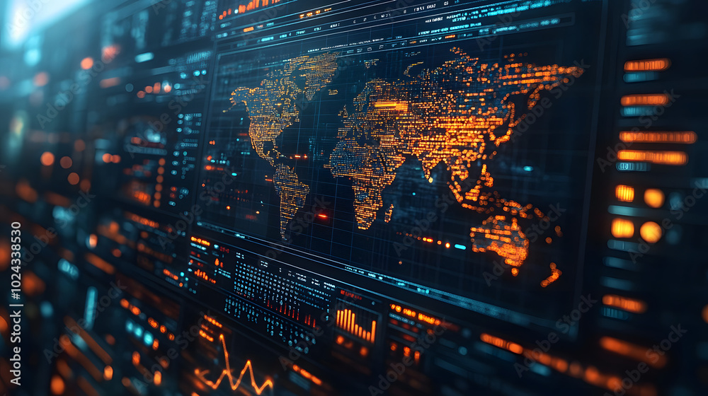 Close-up of a digital screen displaying a world map with vibrant colors and intricate details, illustrating geographical information and data visualizations. This image represents the interconnectedne Close-up of a digital screen displaying a world map with vibrant colors and intricate details, illustrating geographical information and data visualizations. This image represents the interconnectedne