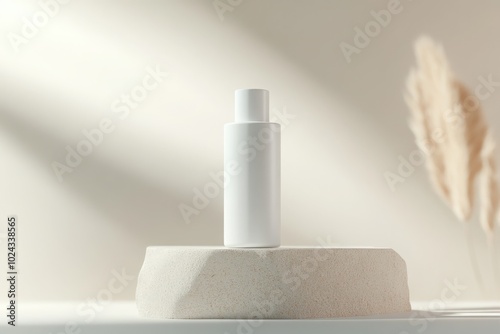 Minimalist Spa Product Display, elegant lotion bottle design, soothing color palette, modern aesthetic, ideal for wellness branding.