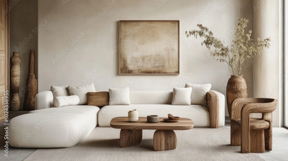 Fototapeta premium Luxury living room with Japandi-style interior, featuring minimalist wooden furniture, neutral tones, and soft, understated elegance.