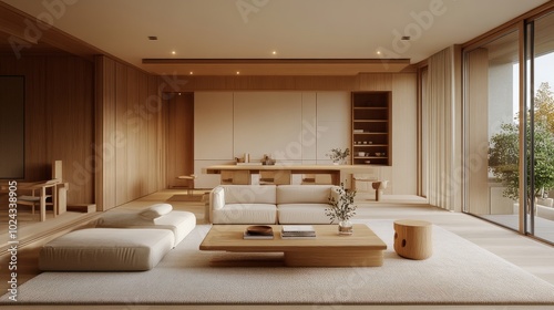 Luxury living room with Japandi-style interior, featuring minimalist wooden furniture, neutral tones, and soft, understated elegance. photo