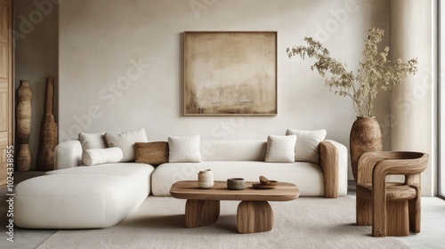 Luxury living room with Japandi-style interior, featuring minimalist wooden furniture, neutral tones, and soft, understated elegance. photo