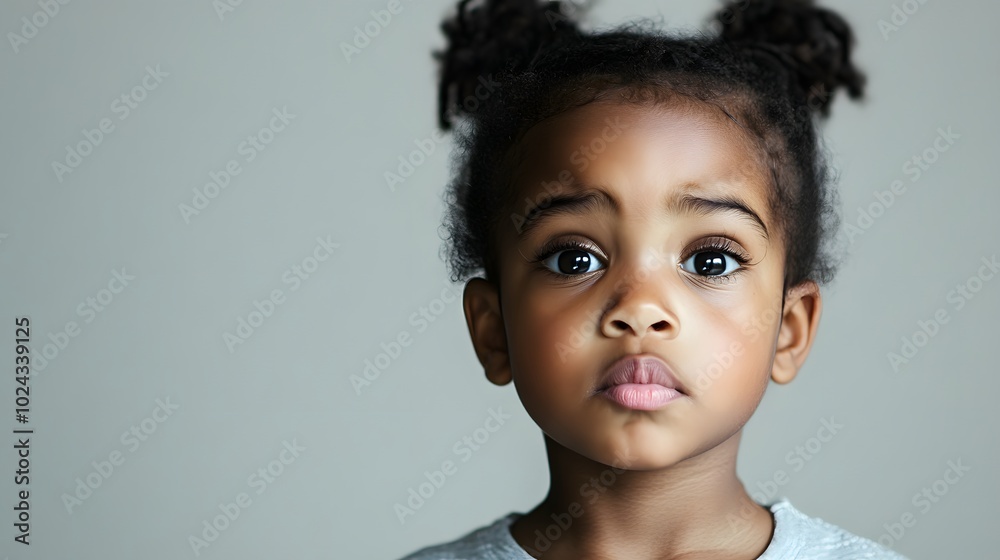 38. A child with a worried look, brow furrowed and lips pressed together, against a soft gray backdrop. 38. A child with a worried look, brow furrowed and lips pressed together, against a soft gray backdrop.