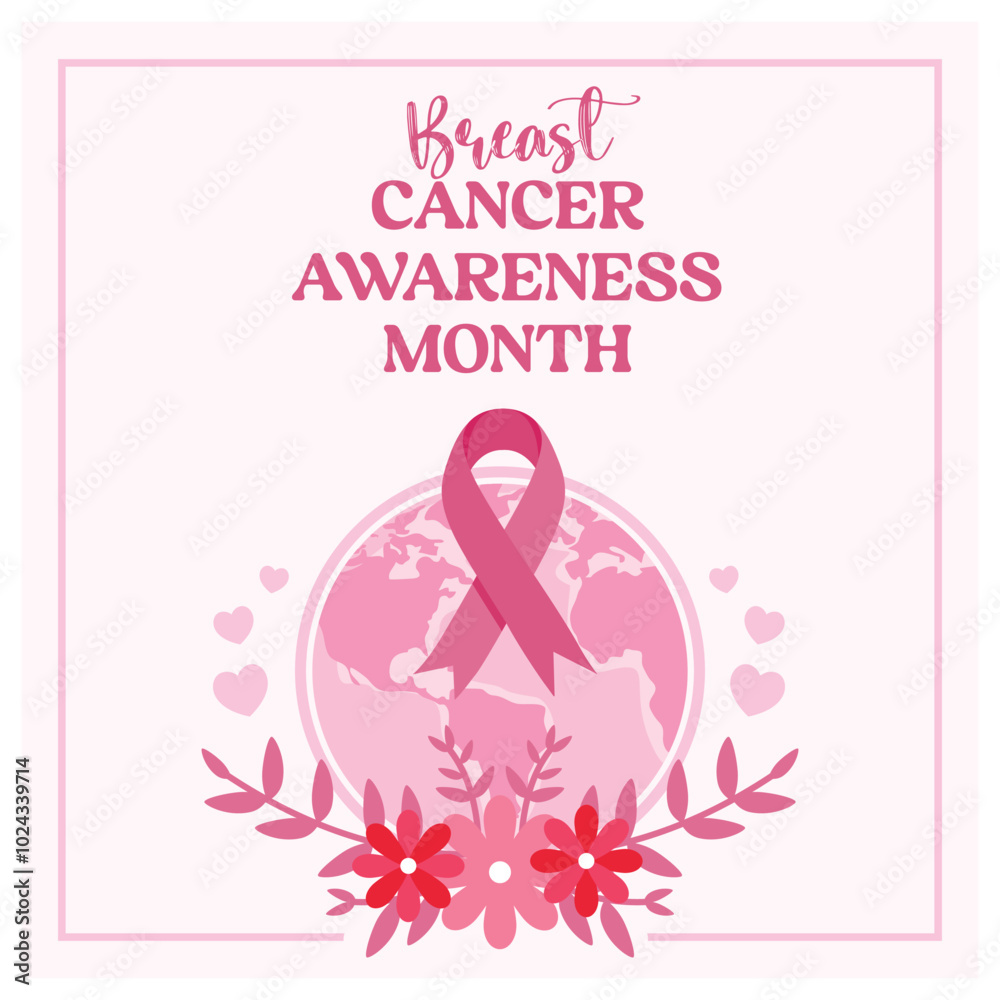 Pink ribbon with flowers and globe. Breast cancer awareness month. Breast cancer awareness concept. Flat vector illustration. Pink ribbon with flowers and globe. Breast cancer awareness month. Breast cancer awareness concept. Flat vector illustration.