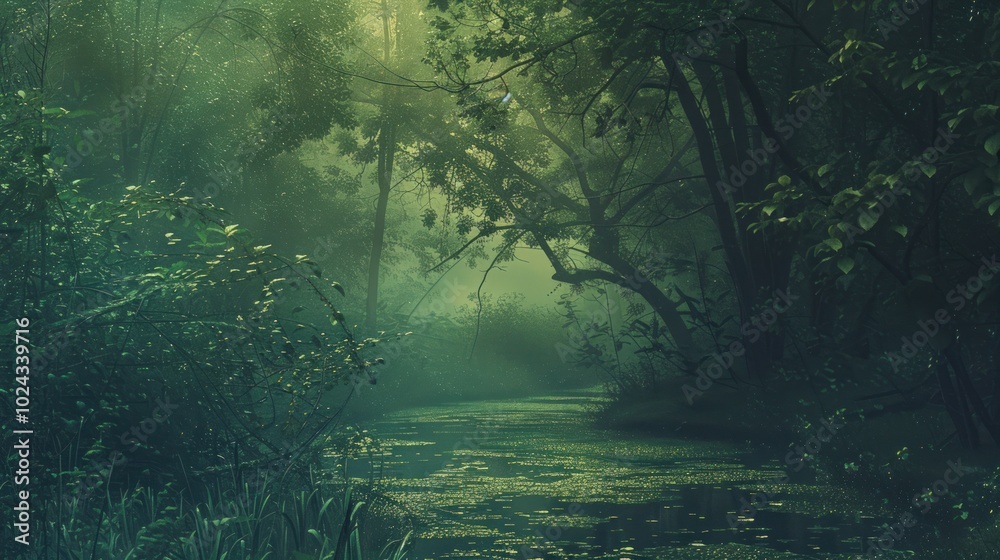 Mystical Foggy Creek in a Lush Forest Mystical Foggy Creek in a Lush Forest