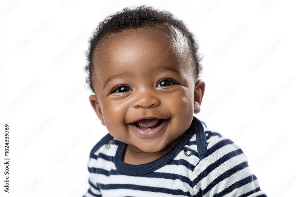 Smiling baby with striped shirt showing first teeth against white background Generative AI Smiling baby with striped shirt showing first teeth against white background Generative AI