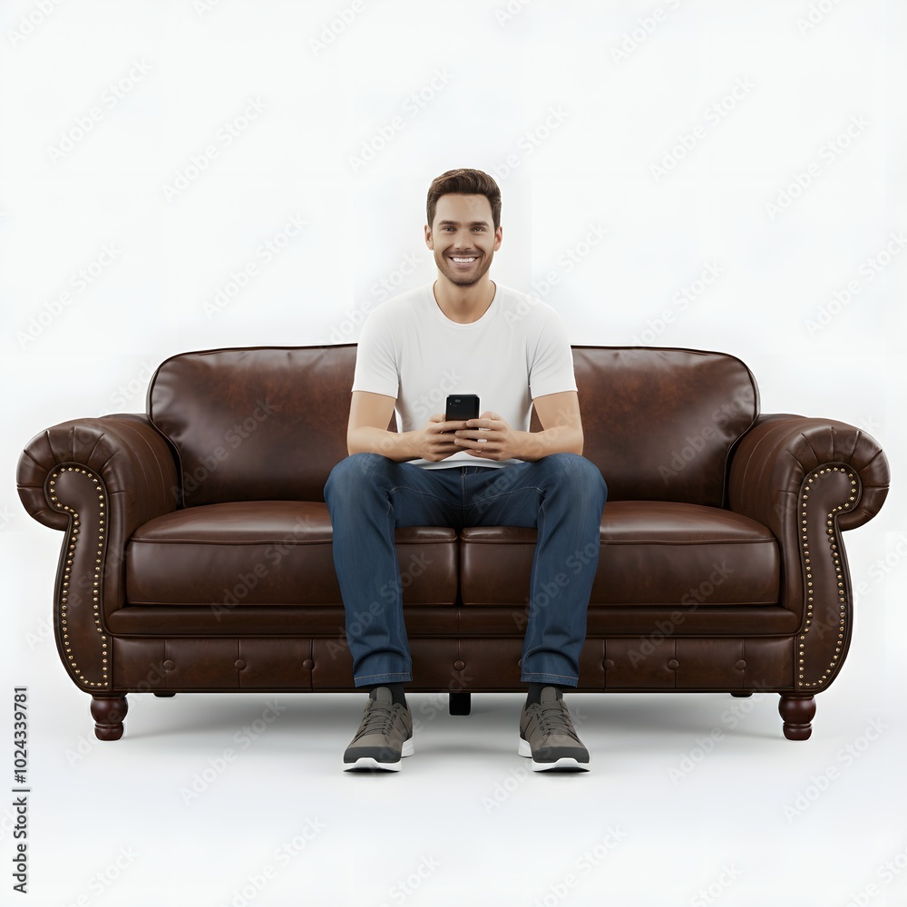 A casually dressed man sitting on a modern blue sofa, holding a smartphone and smiling, with a plain white background. Ideal for tech, lifestyle, and home decor themes A casually dressed man sitting on a modern blue sofa, holding a smartphone and smiling, with a plain white background. Ideal for tech, lifestyle, and home decor themes