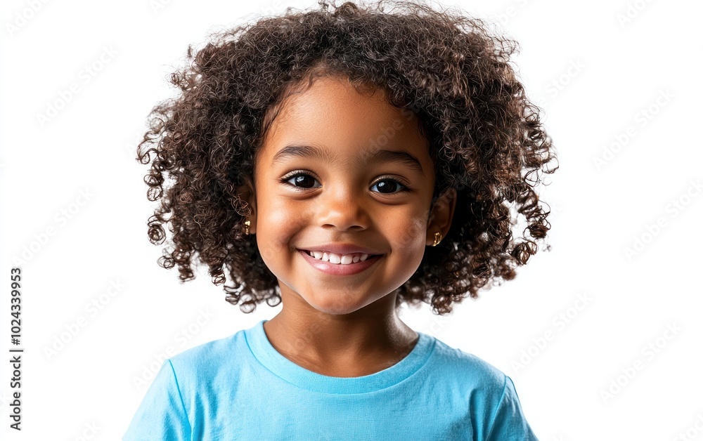 Smiling young girl with curly hair wearing a light blue shirt against white background Generative AI Smiling young girl with curly hair wearing a light blue shirt against white background Generative AI