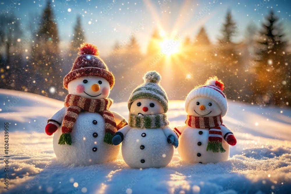 Cheerful Snowmen Enjoying a Beautiful Winter Sunrise in a Serene Snowy Landscape Cheerful Snowmen Enjoying a Beautiful Winter Sunrise in a Serene Snowy Landscape