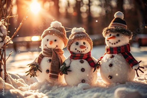 Charming Snowman Trio in a Sunlit Winter Wonderland Forest Setting