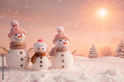 Charming Snowman Trio Under Sunlit Wintry Sky in a Snow-Covered Landscape