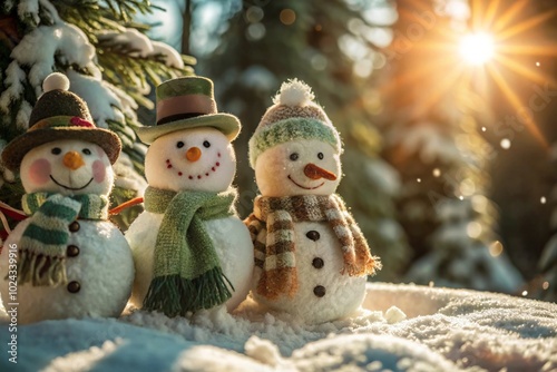 Joyful Snowman Trio in Sunlit Winter Forest with Sunlight Glittering