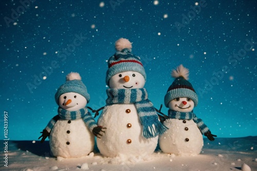 Three Cheerful Snowmen in Winter Wonderland Under Falling Snowflakes at Night