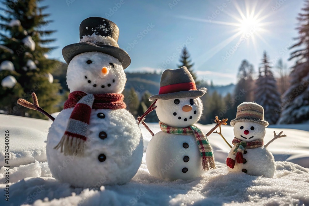 Three Snowmen in Winter Wonderland Under Bright Blue Sky with Sunlight and Forest Background Three Snowmen in Winter Wonderland Under Bright Blue Sky with Sunlight and Forest Background