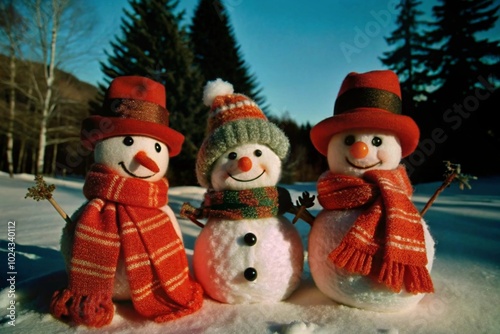 Three Cheerful Snowmen in Winter Forest with Red Scarves and Hats Amid Snowy Trees