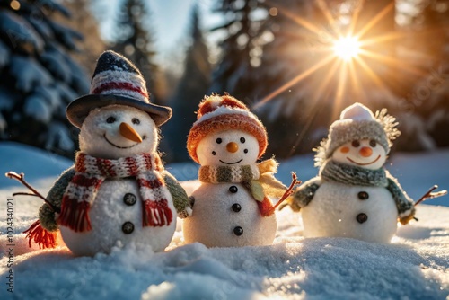 Sunlit Winter Wonderland with Snowmen in a Serene Forest Setting Capturing Joy and Tranquility