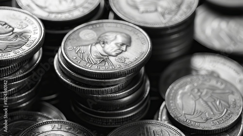 Stacks of U.S. one-cent coins arranged on a modern duotone background with contrasting colors, showcasing financial themes of savings, investment, and currency photo