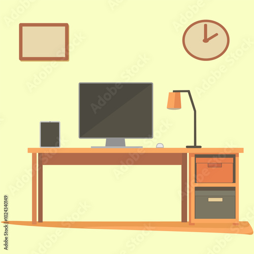 Minimalist home office workspace with desktop computer lamp storage drawers clock and tablet in vector illustration flat design

