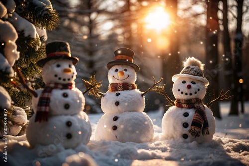 Sunlit Winter Wonderland with Snowmen in a Serene Forest Setting Capturing Joy and Tranquility