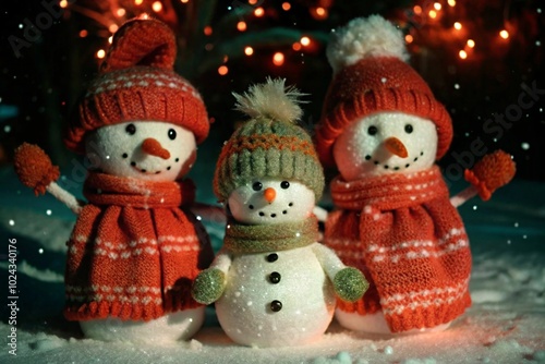 Three cheerful snowmen with red hats and scarves in a festive winter wonderland setting