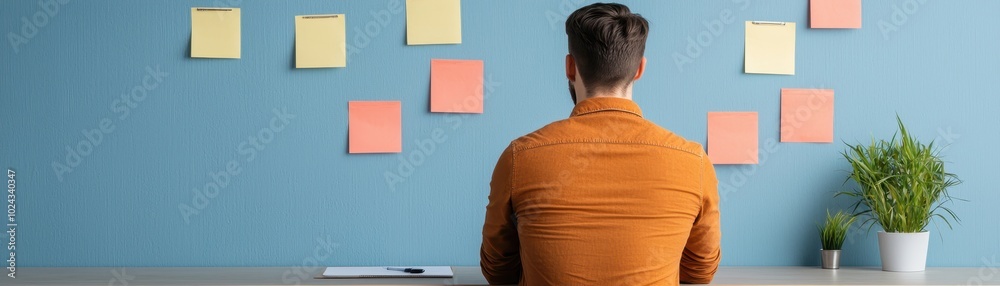 Man sitting at desk, facing colorful sticky notes on wall, plant nearby, focused on work. Man sitting at desk, facing colorful sticky notes on wall, plant nearby, focused on work.