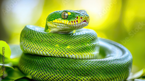 Captivating close-up of coiled green tree python with intricate scales