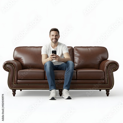 A casually dressed man sitting on a modern blue sofa, holding a smartphone and smiling, with a plain white background. Ideal for tech, lifestyle, and home decor themes