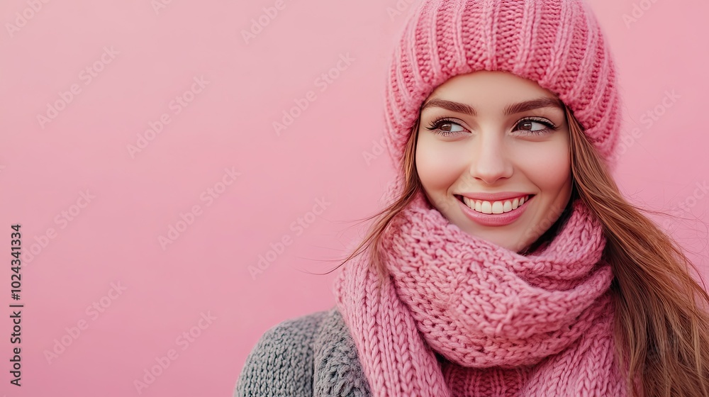 Smiling woman wearing pink hat and scarf. Perfect for fashion and lifestyle blogs. Smiling woman wearing pink hat and scarf. Perfect for fashion and lifestyle blogs.