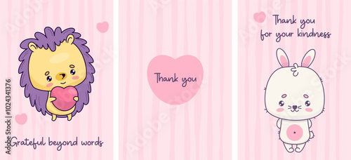 Thank You cards set. Cute bunny and hedgehog with heart on pink background with phrases. Isolated vertical posters Thankful banner, Grateful Greetings, Appreciation Note, Message. Vector illustration