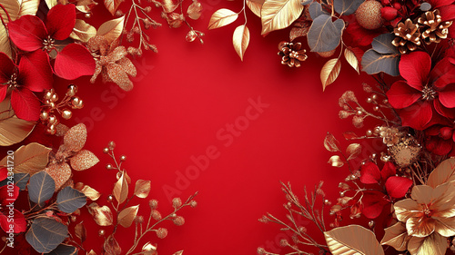 Festive Christmas Day arrangement with red and gold flora on a vibrant background