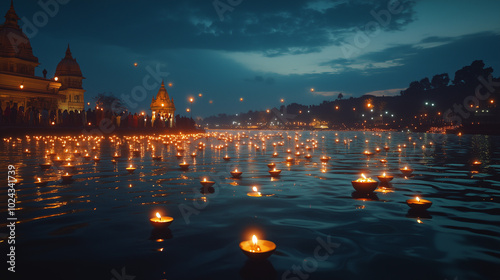Kartik Purnima atmosphere on the banks of River Ganga, thousands of diyas lamps floating on the water, people praying while lighting candles and releasing them into the river, Ai generated images