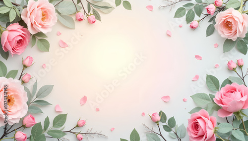 Elegant Pink Roses Frame with Delicate Petals and Copy Space