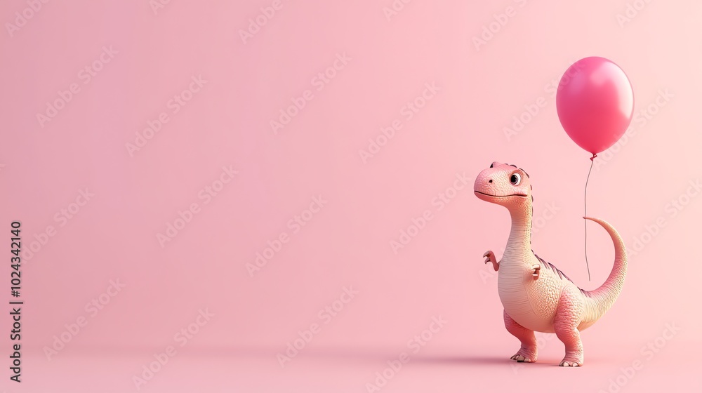 A cute cartoon dinosaur holding a pink balloon against a pink background. A cute cartoon dinosaur holding a pink balloon against a pink background.