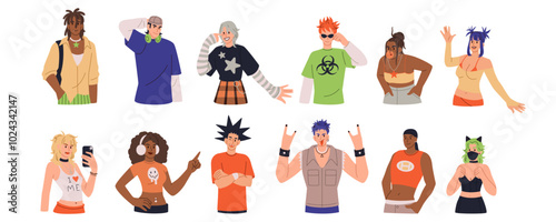 Trendy character. Alternative fashion. Modern style clothing. Punk hairstyle. Rocker makeup. Young people cool gen Z. Stylish teen diversity. Sassy men and women. Vector youth subculture persons set