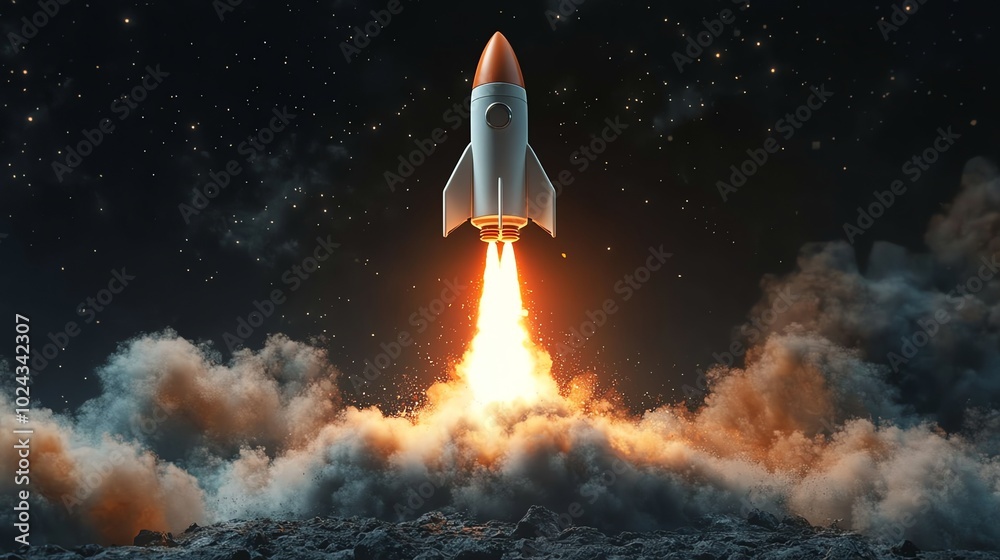 A white rocket blasts off from a rocky surface, leaving a trail of smoke and fire.