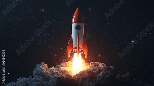 A red and white rocket launches into space against a starry sky.