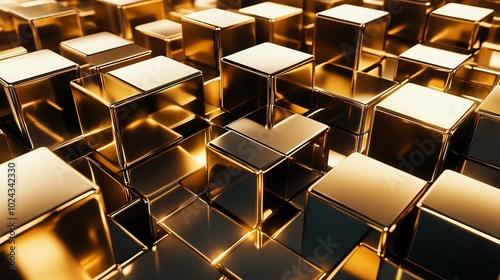 A close-up of shiny, gold cubes with a slight perspective shift. photo