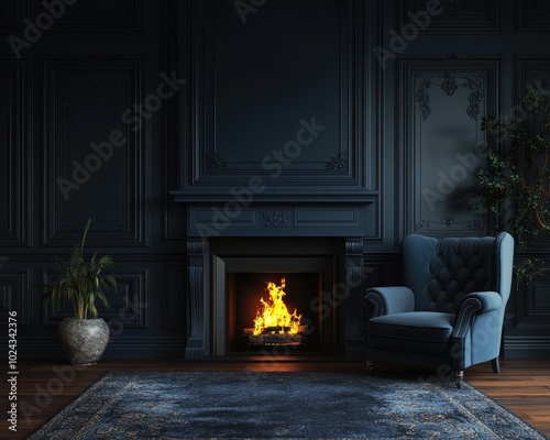 Vintage Classic Room with Fireplace and Cozy Furnishings in Blue Tones