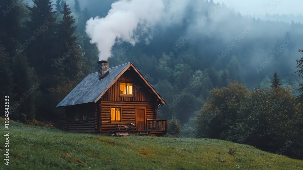 A wooden cabin with smoke rising from the chimney sits in a misty forest. A wooden cabin with smoke rising from the chimney sits in a misty forest.