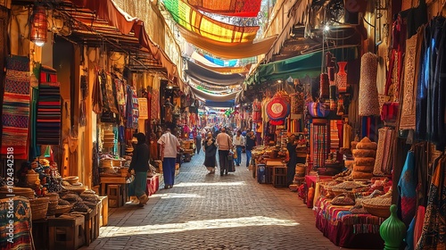 Colorful marketplace in Morocco with people shopping for handcrafted goods.