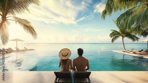 Couple relaxing by an infinity pool overlooking the ocean.