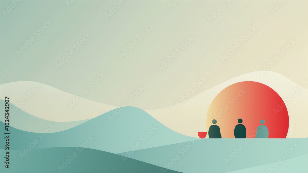 Abstract sunset landscape with silhouetted figures and waves. Abstract sunset landscape with silhouetted figures and waves.