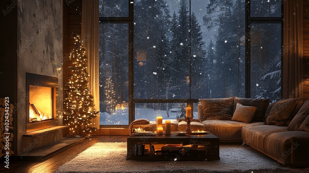 custom made wallpaper toronto digitalCozy living room with fireplace and Christmas tree, snow falling outside window.