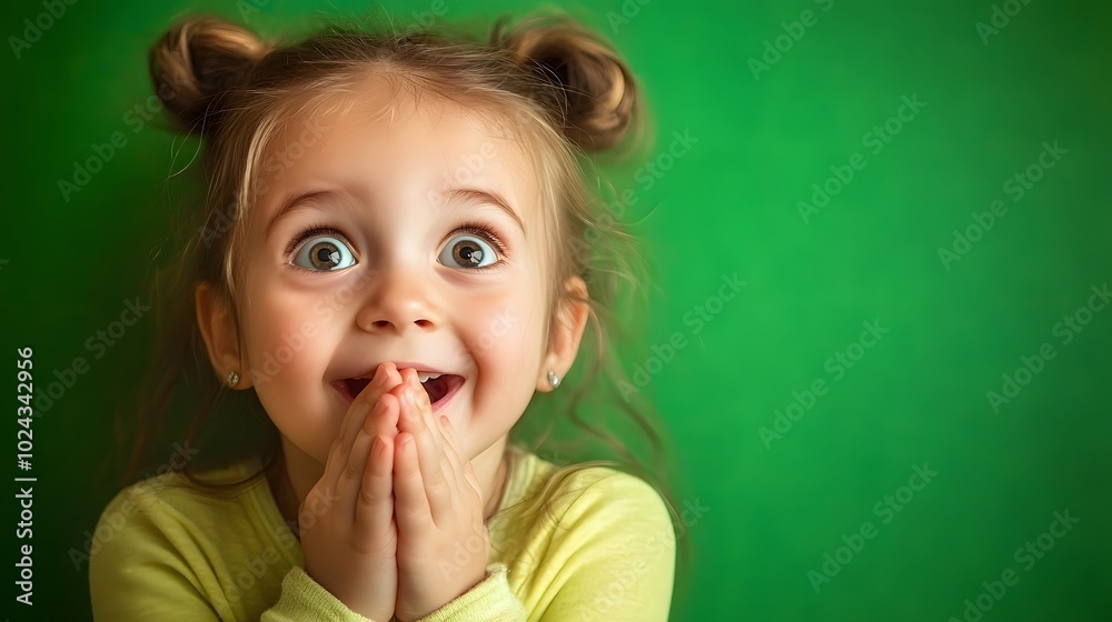 31. A young girl with an excited look, eyes wide and hands clasped, against a bright green backdrop. 31. A young girl with an excited look, eyes wide and hands clasped, against a bright green backdrop.