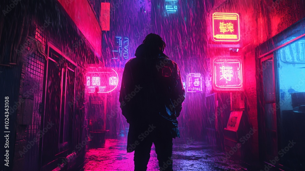 A person in a hooded jacket walks through a neon-lit alley in the rain.