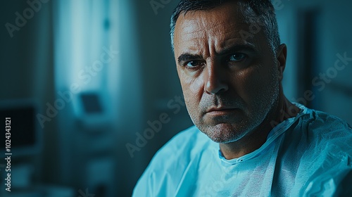 An intense portrayal of a middle-aged man in a hospital gown, embodying concern and contemplation in a medical environment. photo